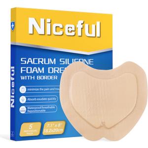Sacral Foam Dressing 7.1" x 8", Sacrum Silicone Foam Dressing with Border, Bed Sore Bandages Large Wound Care Pads (5 Count)