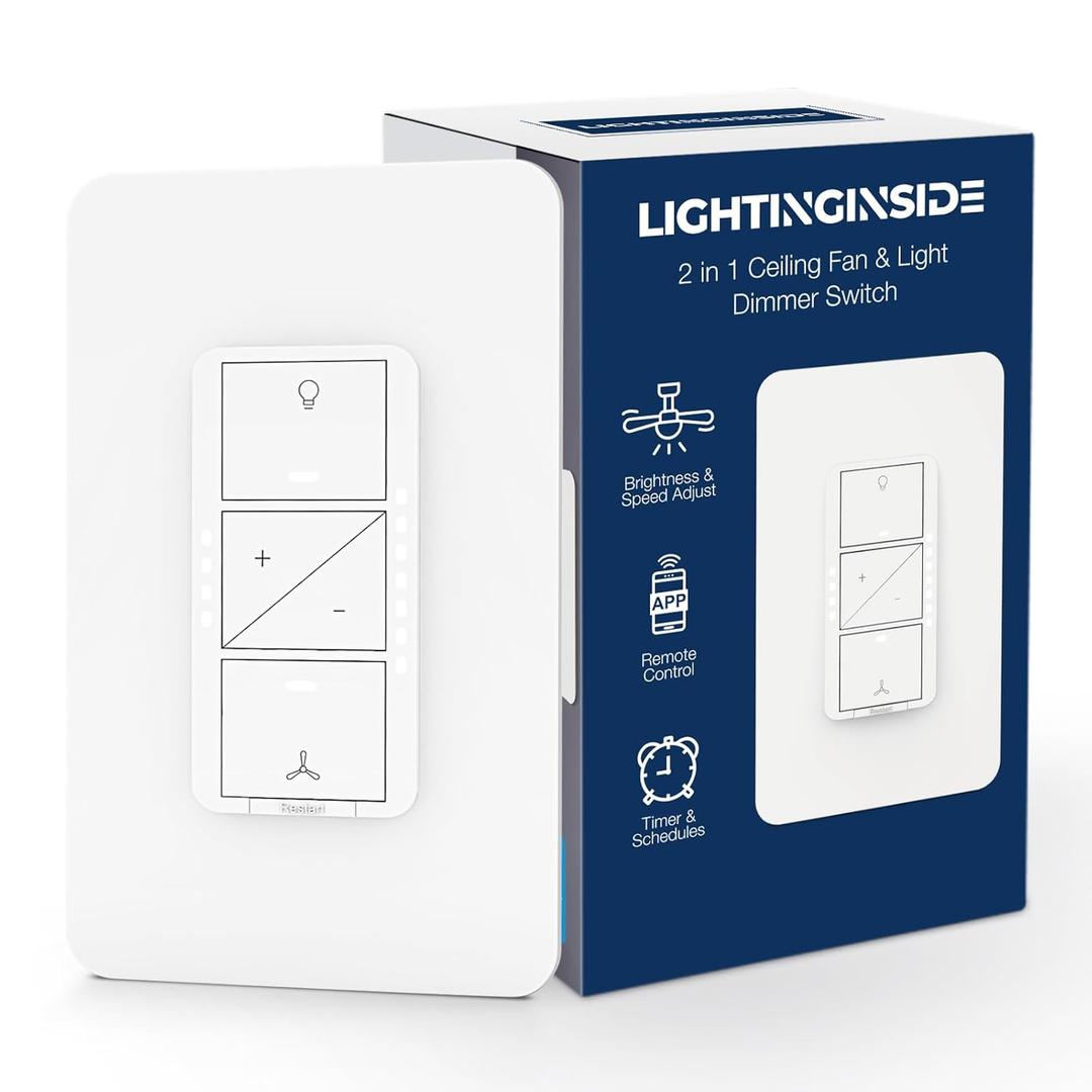 Smart Ceiling Fan Control and Light Dimmer Switch, Compatible with Alexa/Google Assistant/Smart Life, Neutral Wire Required, Single Pole Fan Light Switch, 2.4G Wi-Fi only, Timer, No Hub Required, 1PC