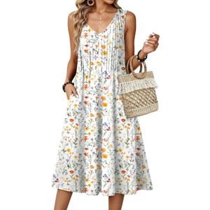 Zeagoo Women Summer Casual Dresses 2026 Sleeveless Midi Pleated Tank Sundress with Pockets V Neck A Line Swing Tshirt Dress, Size L