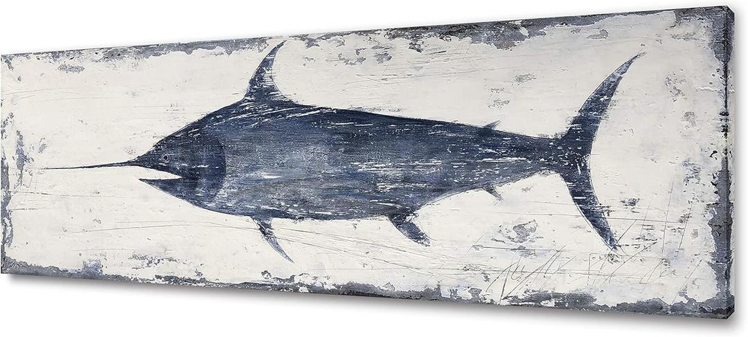 Yihui Arts Indigo Blue Swordfish Canvas Wall Art Painting Pictures for Living Room Bedroom Bathroom Decor (48L" x 16W", Sword Fish)
