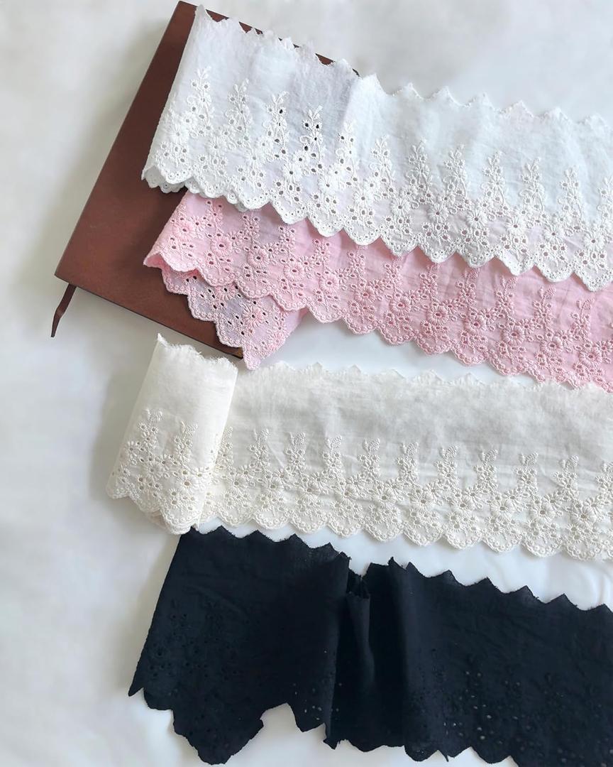 5 Yards 4.2" Cotton Pleated Eyelet Lace Trim for Sewing, Lace Fabric by The Yard for Dresses, Baby Clothes, Curtains, Pets Clothes (Beige)