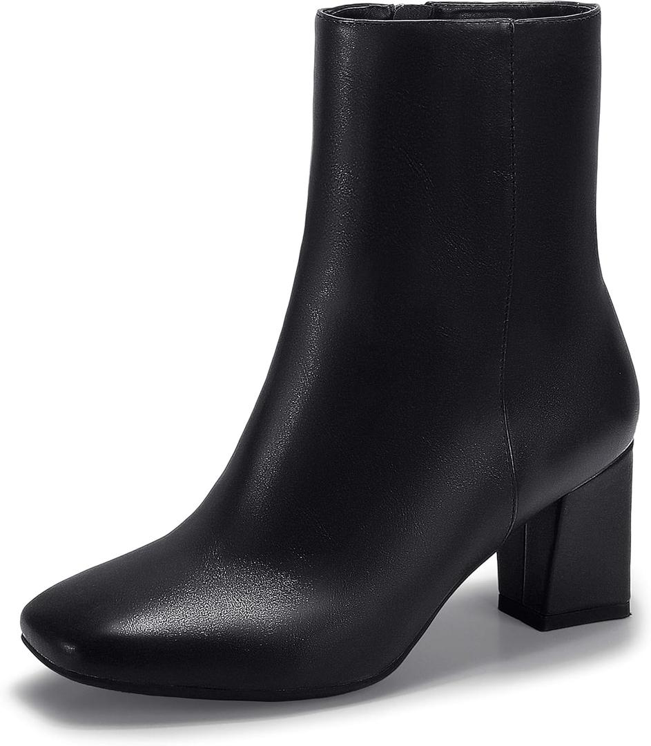 IDIFU Women's Aliza Fashion Square Toe Short Boots Side Zipper Low Block Heel Ankle Booties (8.5, Black Pu)