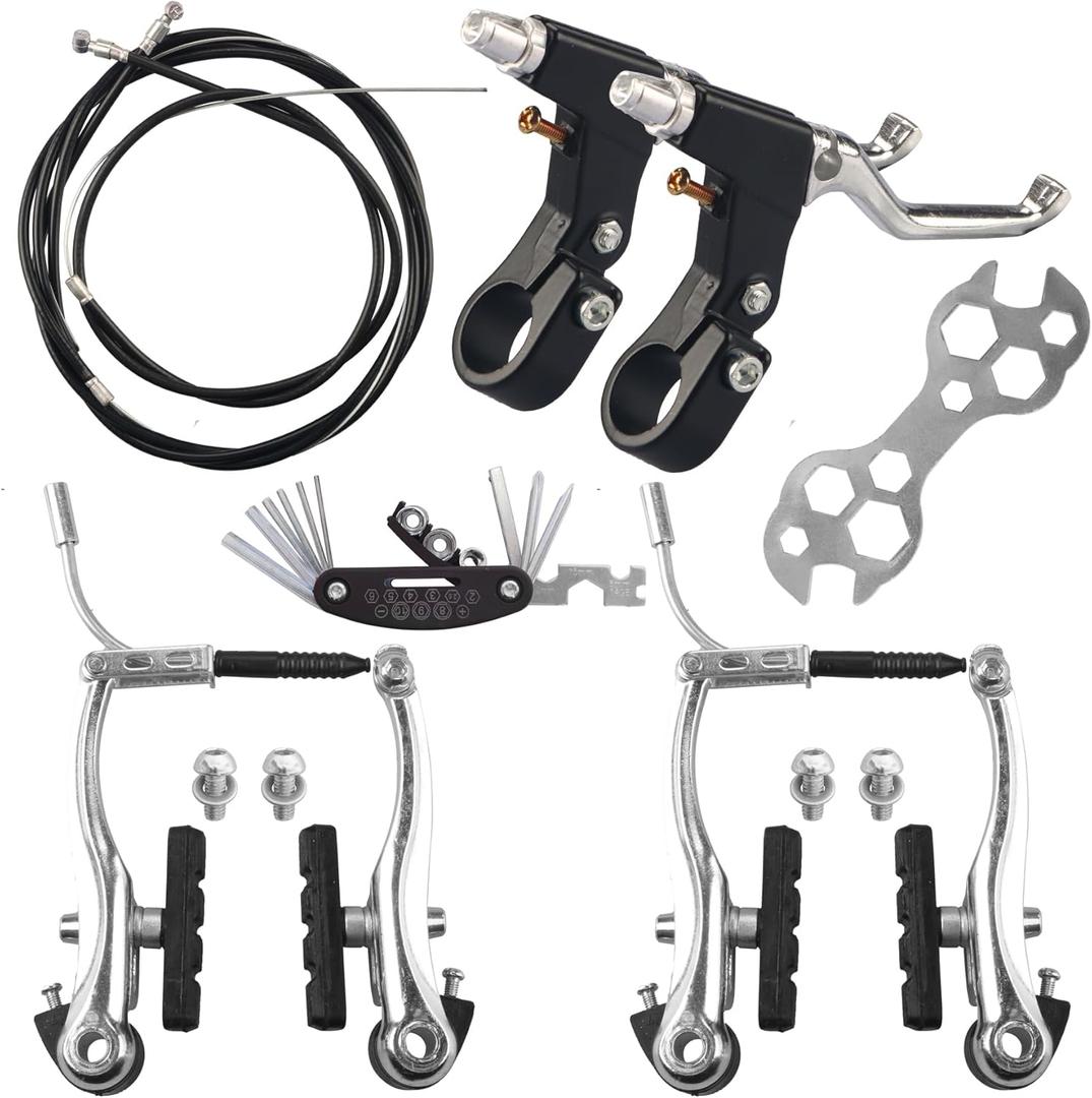 Complete Bike Brakes SetInner and Outer Callipers Cables Lever Kit Universal Bike Front and Rear MTB Brake with Multi-Tool Wrenches Silver