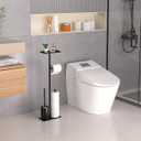 Modern Bathroom Toilet Paper Holder Stand, Black Metal, with Storage Shelf, Brush Holder, 3-Roll Storage, Freestanding Design