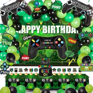 Video Game Birthday Party Decorations Kit  77PCS Gamer Supplies with Backdrop, Hanging Swirls, Foil Balloons, Table Cover, Cake Topper for Boys Kids Game Theme Party