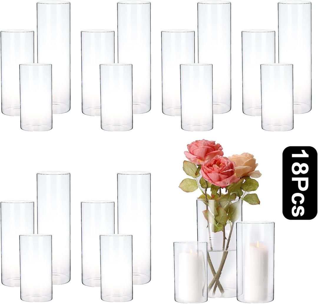 PHOSPHOR Hurricane Candle Holder 18 PCS, Glass Pillar Candle Holder, Clear Glass Cylinder Candleholder Glass Cylinder Vase for Centerpieces Wedding Party Decoration