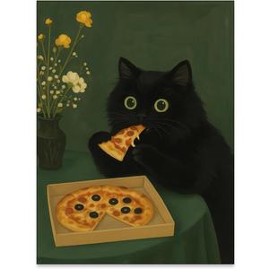 YYS Black Cat Eating Pizza Poster Trendy Cute Animal Wall Art Funny Fashion Whimsical Canvas Painting for Dining Room Kitchen Wall Decor 12X16 inch Unframed Gift For Cat Lover