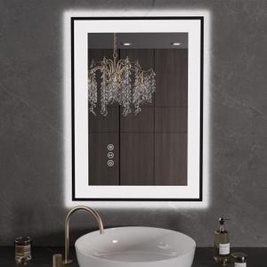 LOAAO 20"X28" LED Bathroom Mirror Black Framed, Anti-Fog, Dimmable, Lighted Bathroom Vanity Mirror for Wall, Memory Function, Tempered Glass