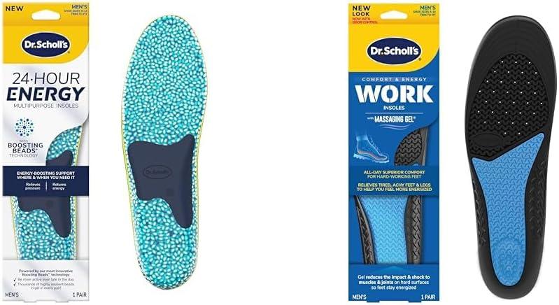 Dr. Scholl's Men's Shoe Insoles - 24-Hour Energy Multipurpose Size 8-14 & Work All-Day Superior Comfort with Massaging Gel, 1 Pair Each