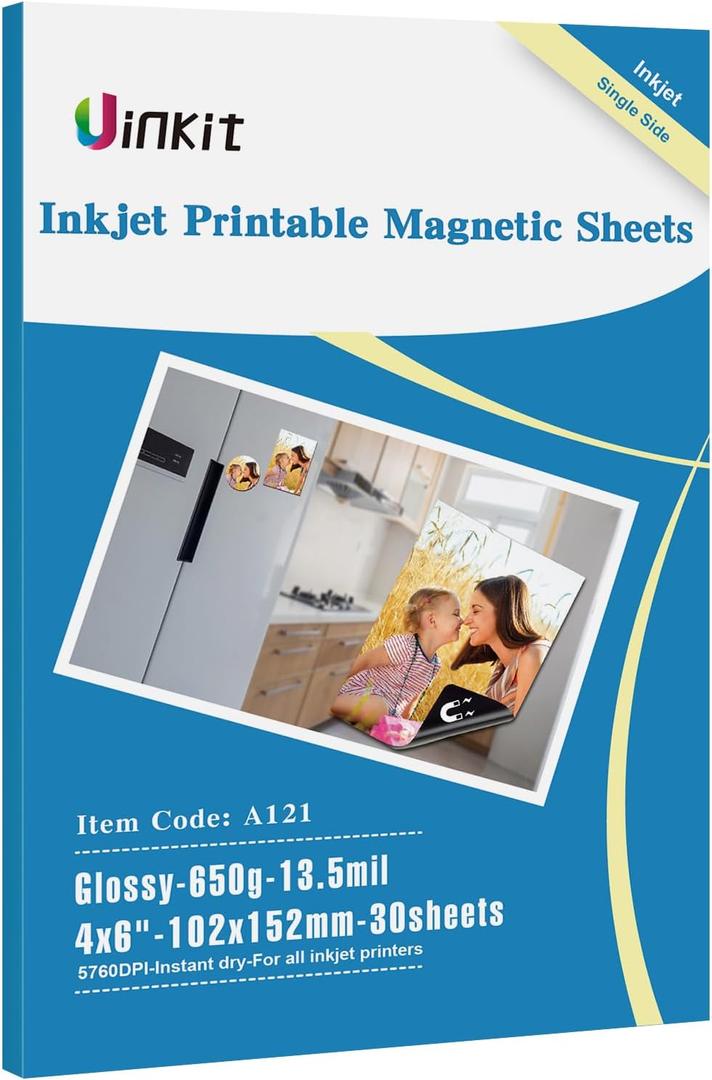 Uinkit 30 Sheets Printable Magnetic sheets Non Adhesive 13.5mil 4x6 inches Thick Magnet Glossy Photo Paper for Inkjet Printers