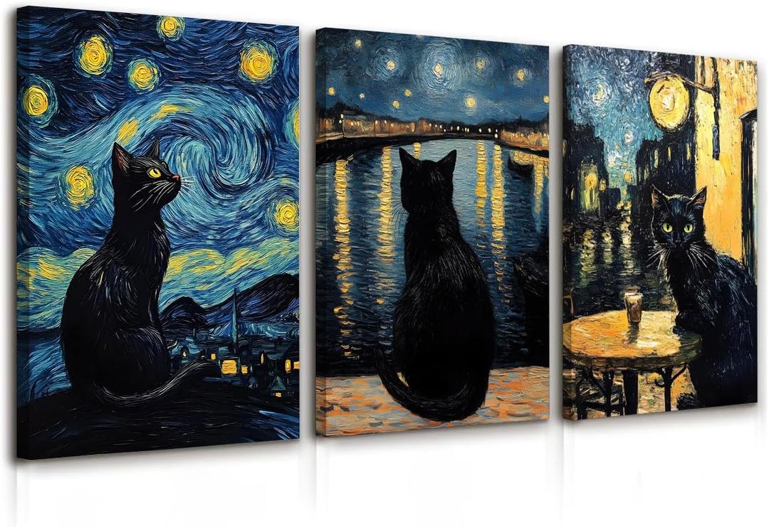 Ansouyi Set of 3 Canvas Wall Art, Black Cat on Canvas Prints Artwork for Living Room Bedroom Bathroom Office Modern Home Decorations, 12x16 inch