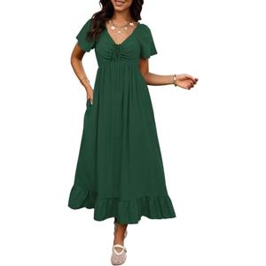 BTFBM Womens Spring Dresses 2026 Casual Short Sleeve V Neck Drawstring Wedding Guest Maxi Dresses Boho Beach Long Dress (Large, Dark Green)