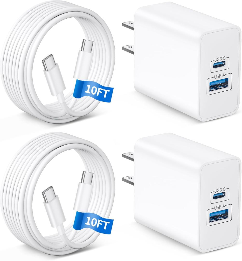 iPhone 17 Charger, 2-Pack 45W Fast Charging Dual Port Type C Power Adapter, USB C Charger Block for iPhone 17/17 Pro/17 Pro Max/Air/16/15 Pro Max/Plus, iPad, with Long 10FT USB-C Cable Cord (White)