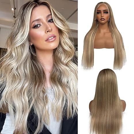 Belaved Highlight Lace Front Wigs Human Hair 13x6 Straight HD Transparent Lace Front Wig Ombre Ash Brown to Blonde