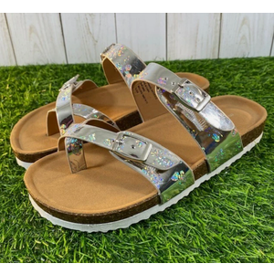 New Madden Girl Brycee Strappy Silver Irridescent Sandals Slides, Size 3