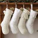 Personalized Christmas Stockings: 4 Pcs 18 Inch White Farmhouse Plush Faux Fur & Cable Knitted Fireplace Xmas Stockings, Rustic Personalized Stocking Hanging Gifts Decorations for Family Holiday Decor