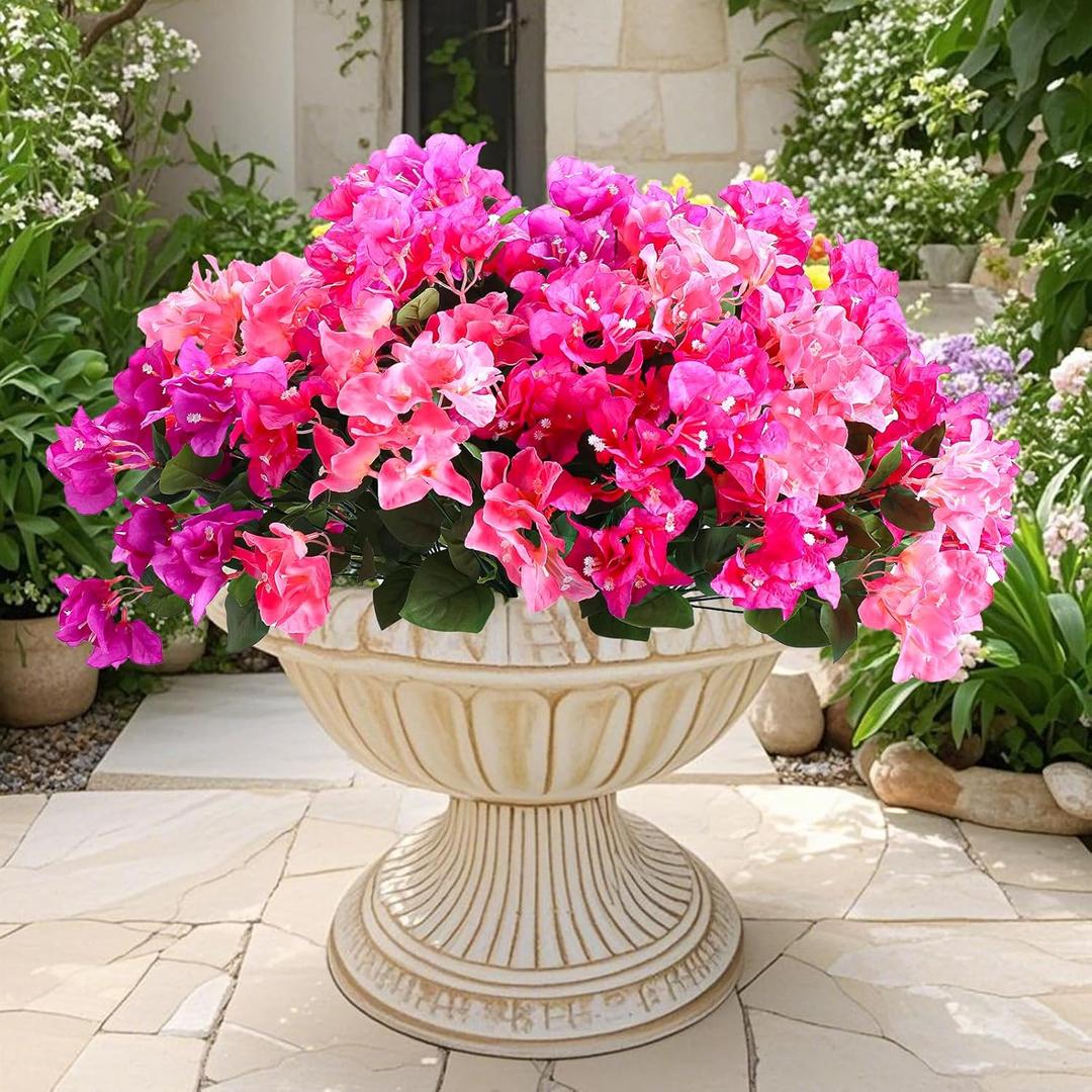 6 Bundles Outdoor Faux Flowers Realistic UV Resistant No Fade Artificial Silk Bougainvillea Flowers Bush Outside Decor for Front Porch Planter Patio Garden Home (Fuchsia/Purple/Watermelon Pink)