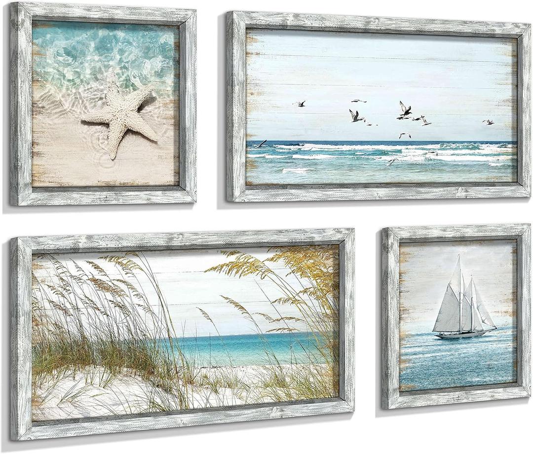 Beach Framed Wooden Pictures Wall Art: Coastal Art Set of 4 Seascape Prints Starfish Pictures Ocean Artwork for Bedroom Overall 36"W x 24"H