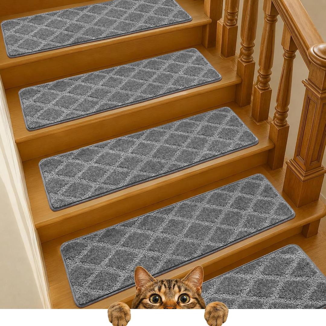 9"x30" Stair Treads for Wooden Steps Indoor, 15 Pcs Non Slip Peel and Stick Carpet Stair Treads, Washable & Reusable Self Adhesive Stair Runner Rug for Kids Elders Pets - Gray