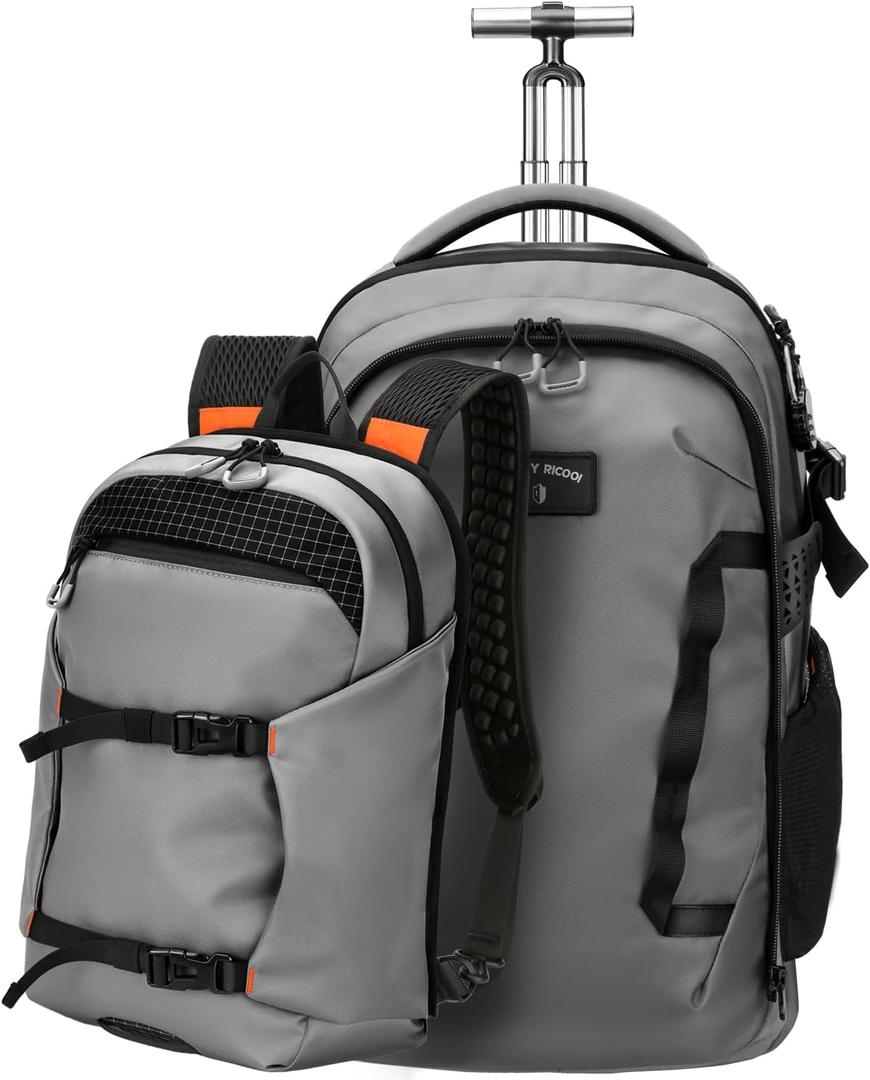 2-in-1 Detachable Rolling Backpack & Daypack, 56L Large Backpacks with Wheels Fits 17 Inch Laptop, Water Resistant, Carry On Luggage for College, Travel, Camping, Hiking Grey, 13.78 x 20.47 inches