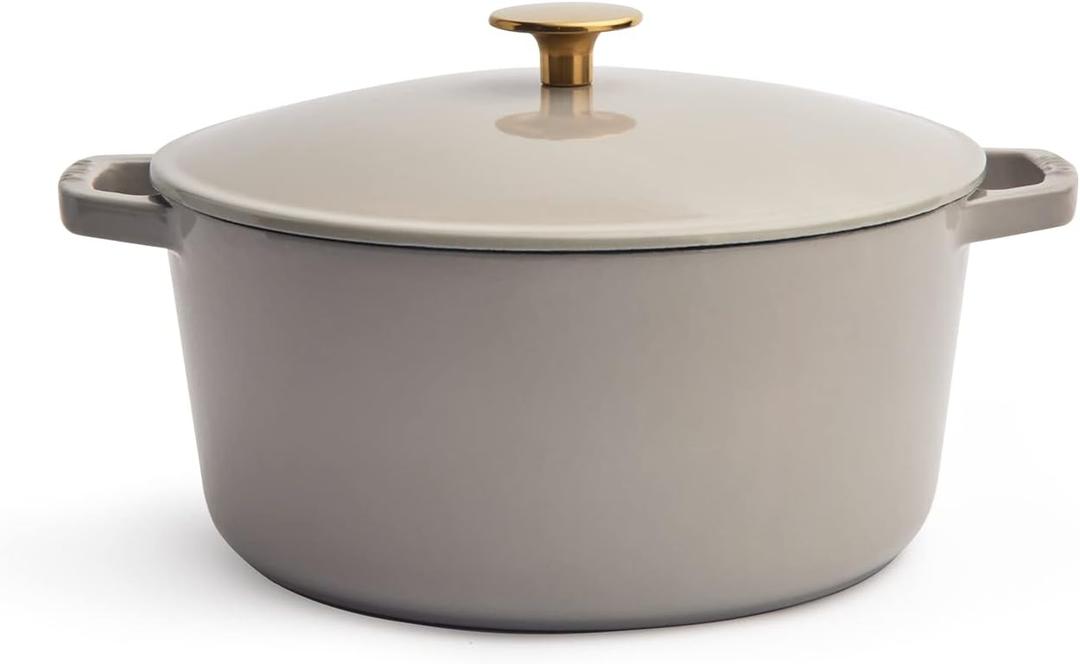 Milo by Kana 5.5-quart Enameled Cast Iron Dutch Oven with Lid | Premium Casserole Cooking Pot | Enamel Coating Inside and Out | Oven Safe and Dishwasher Friendly (Pebble with Gold Knob) (5.5 Quarts)
