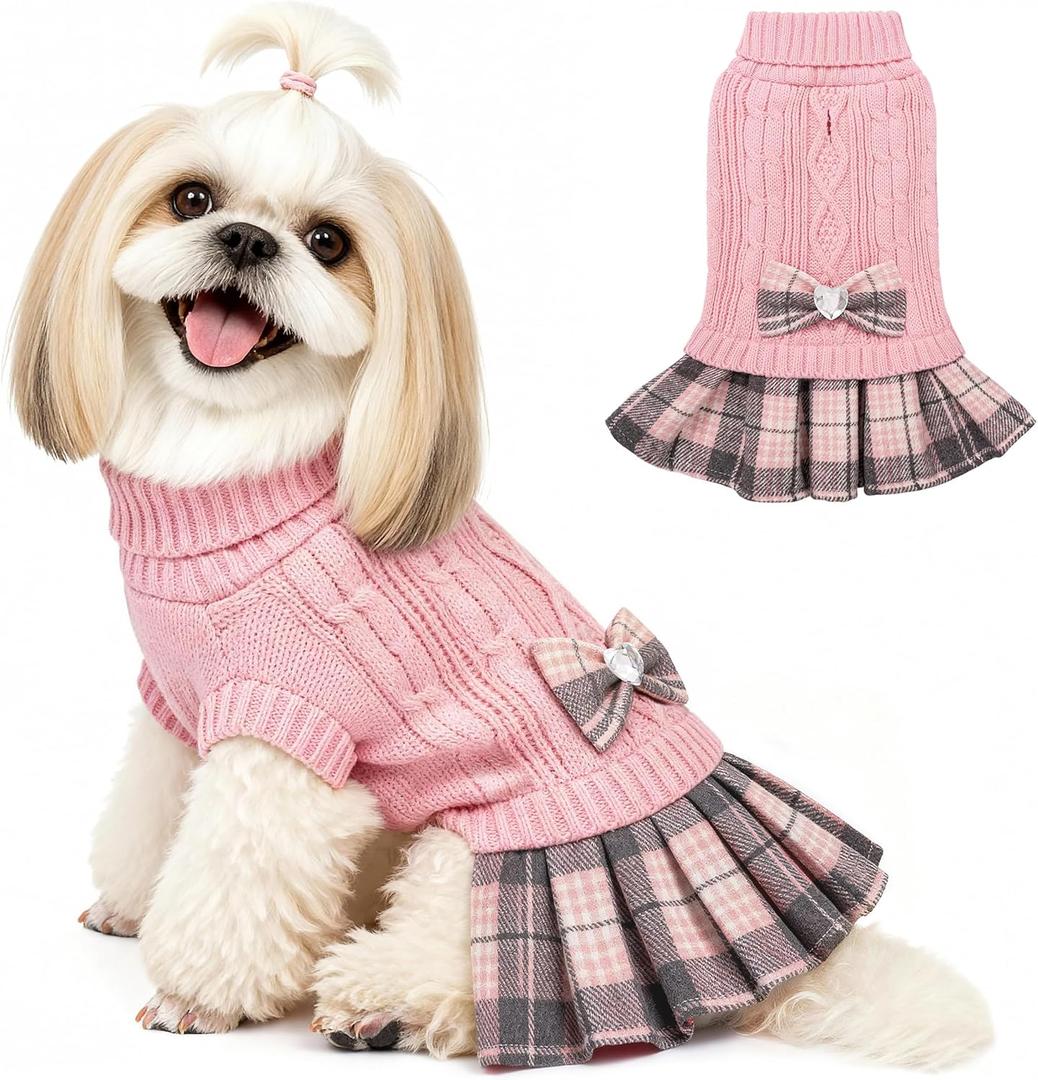 YUDODO Small Dog Sweater Dress with Bowtie Turtleneck - Knitted Pet Girl Dog Winter Clothes - Pet Warm Sweater for Puppy Yorkies, Chihuahua (L Pink)