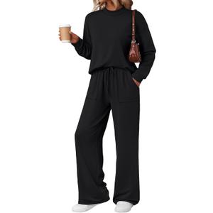 LILLUSORY Womens Two Piece Lounge Sets Mock Turtleneck Tops Wide Leg Drawstring Pants Sweatsuit with Pockets (Black, S)