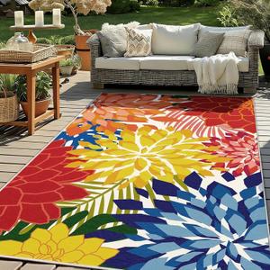 ZonLi Outdoor Rug 9x12Ft Waterproof Multicolored Indoor Area Rug Washable Outdoor Patio Rugs Tropical Floral Non Slip Outdoor Carpet for Living Room, Pool,Backyard,Deck,Camping.