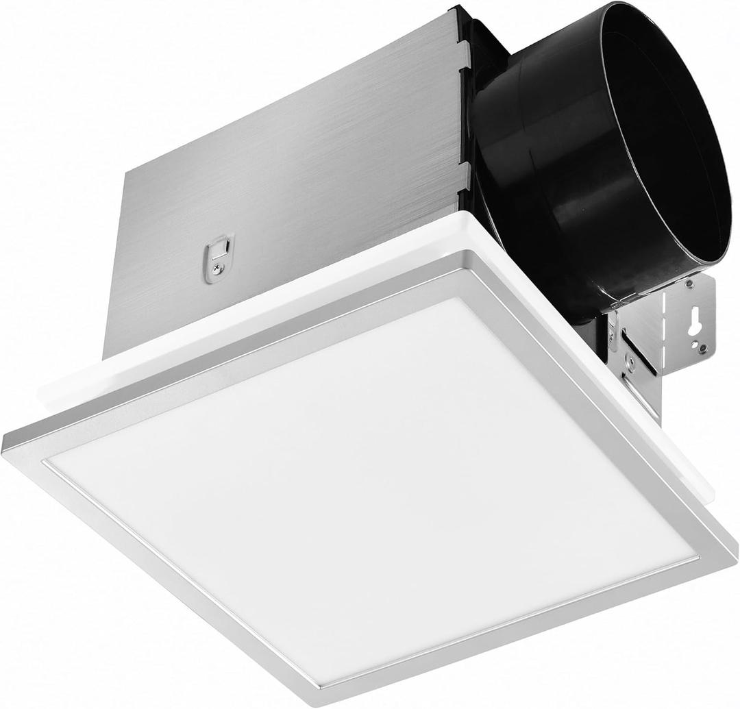 Tech Drive Modern Nickel Bathroom Exhaust Fan with Light - 130 CFM, 1000lm Dimmable 5CCT LED Light with Night Light Selectable, 6-Inch Duct Quiet Ventilation, Decorative Nickel Trim, Easy to Install