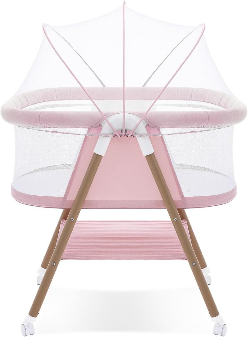 GYARING Baby bassinets,3 in1 Baby Crib, Sturdy, Portable & Easy to Assemble,Mosquito net and Portable Bag Included. (Pink)