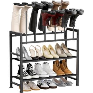 DIMJ Free Standing Shoe Racks - 4-Tier Boot Rack, Black Metal Boot Storage Organizer Tall Boots Organizer for Closet, Multiuse Shoe Rack for Boots, Sneakers,Fit for 6 Pairs Boots, Black