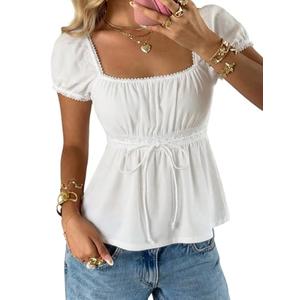 SOLY HUX Women's Square Neck Short Sleeve Peplum Tops Tie Front Summer Teen Girls Babydoll Top T Shirt Solid White X-Small