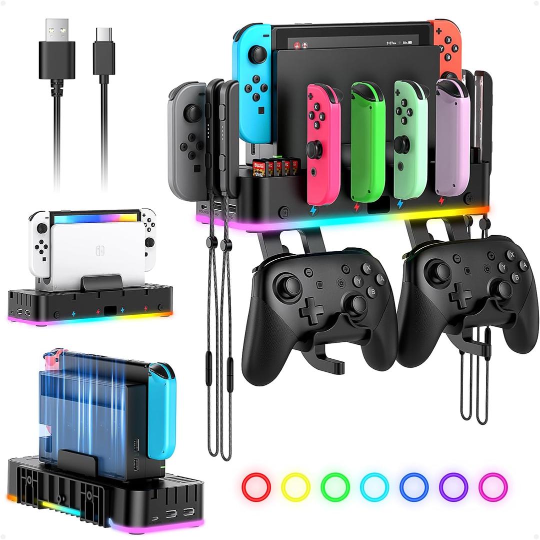 RGB Switch Wall Mount for Joy-Con Charger, Switch Holder for Nintendo Switch 1/ OLED with Switch Organizer, Switch Accessories with 15 Light Mode, 4 Controller Charger, 2 USB Port, 10 Card Slot (Carbon Black)