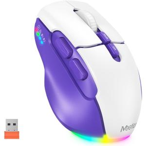 MEETION Wireless Mouse for Laptop, USB and Bluetooth Connectivity, 4 Adjustable DPI, Rechargeable, Ergonomic Mouse for Laptops, iPad, Compatible with Windows, MacOS, Android, iOS, Purple White