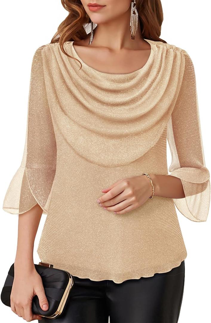 Lotusmile Blouses for Women Dressy Casual 3/4 Sleeve Cowl Neck Sparkly Tops Cocktail Shirts for Evening Party (Medium, Champagne)