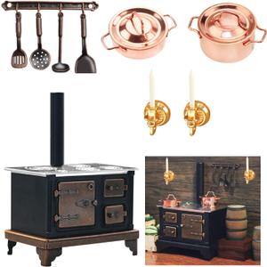 1/12 Miniature Furniture Cooking Stove Mini Retro Metal Stove with Miniature Wall Candle Holder Mini Pots Mini Spoon Shovel Cookware Tools for 1:12 Scale Kitchen Decoration