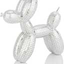 Disco Silver Balloon Dog Sculpture, DJ Table Decoration, Gift for Art and Music Enthusiasts, Disco Electroplated Mirror Finish