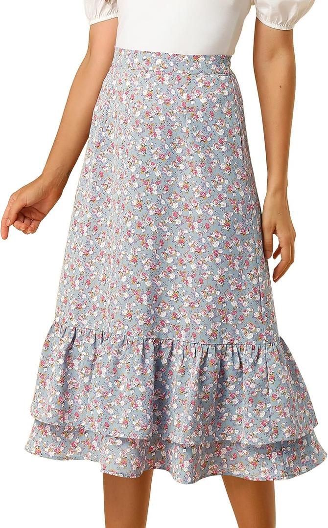Allegra K Women's Printed Skirt 2025 Weekend Trendy Summer Chiffon Ruffle Tiered Flowy Midi Skirts (Medium, Blue Grey-floral)