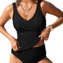 Pink Queen Two Piece Tankini Bathing Suit for Women's Ruched Tummy Control Swimsuit Sets with Bikini Bottom (Medium, Black)