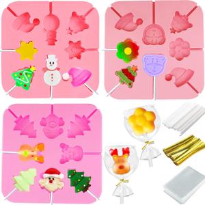 303Pcs Christmas Lollipop Molds Set Xmas Candy Mold elk Santa Claus Snowman Snowflake Xmas Hat Hard Candy Sucker Silicone Molds Lolly Pop Tray Chocolate Mold with Lollipop Sticks Treat Bags Twist Ties