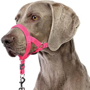 BARKLESS Sturdy No Pull Head Collar for Medium Large Dogs, Gentle Reflective Head Halter with Safety Link, Adjustable Nylon Dog Training Muzzle Leash for Walking Control (Hot Pink, L)