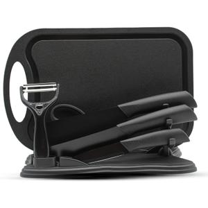 Magicorange 7-Piece Kitchen Knife Set - 5 Black Stainless Steel Knives with Sheaths, Cutting Board, and a Knife Block- Stainless Steel Kitchen Knives with PP Ergonomic Handle (Black)