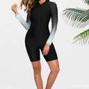 Halcurt Women's Boyleg One Piece Rash Guard with Built in Bra Zip Front UPF50+ Long Sleeve Full Body Surfing Swimsuit (Black) L