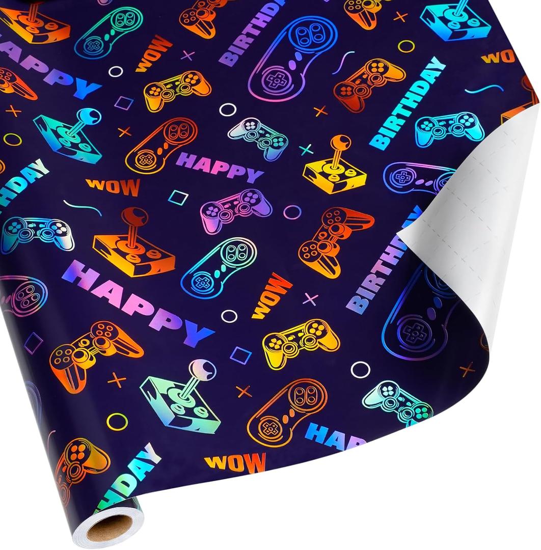 BIOBROWN Gaming Wrapping Paper for Boys Girls - 17 Inch X 33 Ft - Laser Video Game Design Gift Wrap Paper for Kids Birthday Game Party Favor Game Lover Holiday