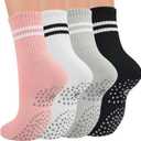 Toes Home Pilates Socks for Women with Non Slip Grippers, Yoga Crew Socks for Barre Hospital Sticky Slipper Socks 4 Pairs (6-10, Multicolor)