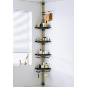 Upgrade Sturdy Shower Caddy Tension Pole Black and Gold Corner Shower Caddy 18/8 Stainless Steel Rustproof 4 Tier Adjustable Shelves for Bathtub Shampoo Accessories Storage Rack 32-122inch