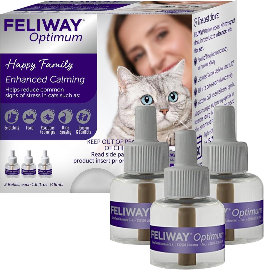 FELIWAY Optimum Cat Calming Diffuser Refill (3 Pack, 90 Day Supply)  Cat Pheromone Diffuser Refill for Advanced Support to Reduce Stress, Spraying, Scratching, Fighting and Hiding