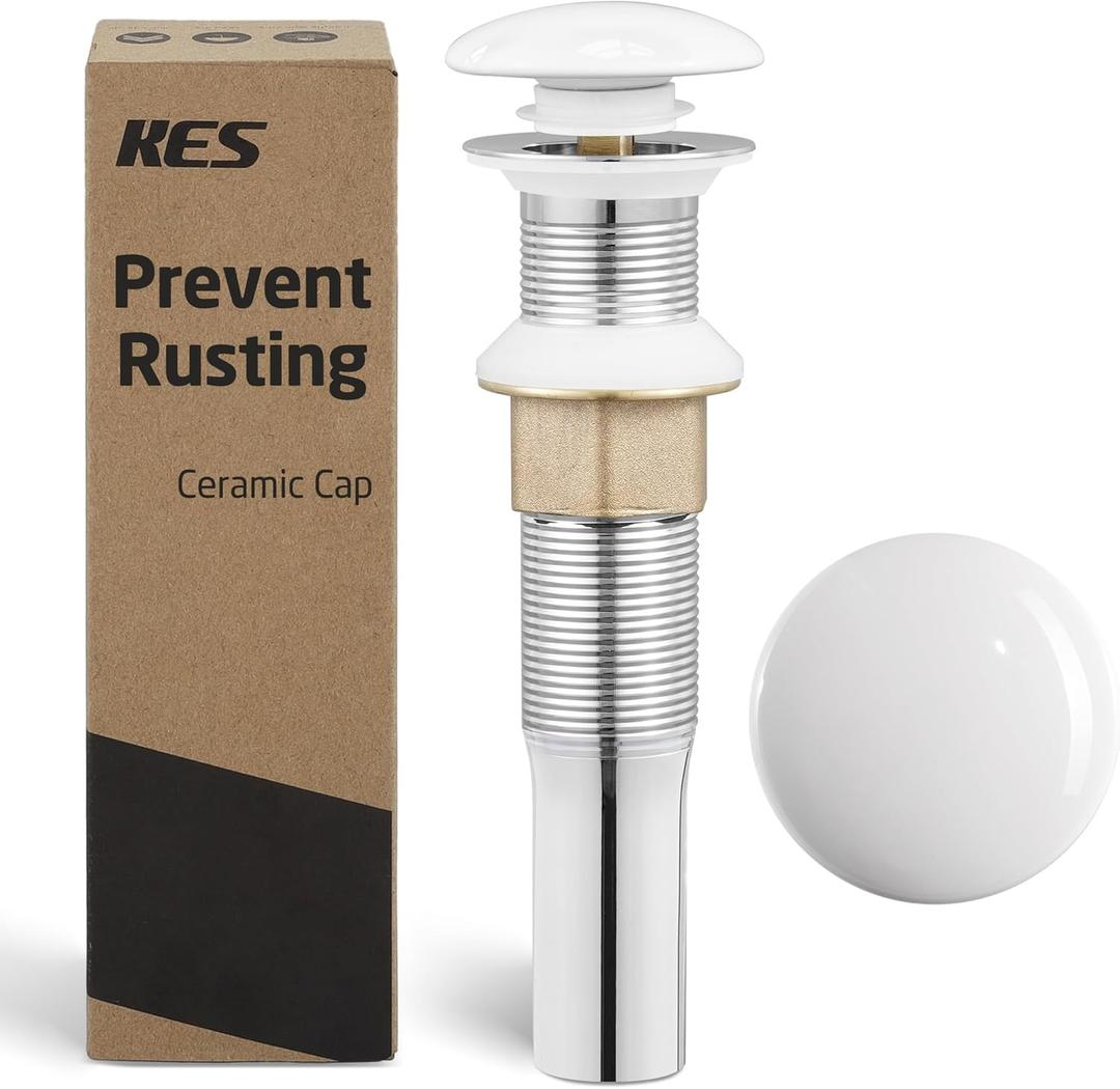 KES Bathroom Sink Drain Strainer No Overflow, Drain Stopper with Strainer Basket Hair Catcher, (Ceramic Cap and All-Metal Body), White, S2013D-CW