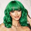 Green Wig with Bangs Short Wavy Bob Wigs for Women Loose Curly Colorful Wig Shoulder Length Natural Looking Synthetic Bob for Girl Cosplay Costume 14 Inches