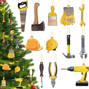 60 Pcs Construction Christmas Tree Ornament Handyman Tool Wooden Christmas Hanging Decoration Wood Axe Pliers Hammer Hard Hat Ornament Holiday Decorations for Welder Lineman Xmas Party Decor